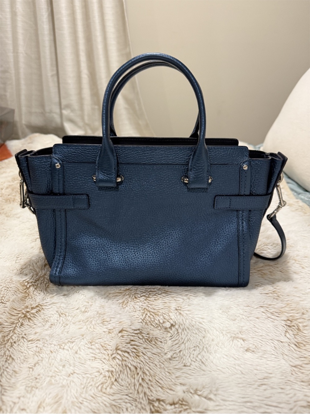 Coach Swagger 27 Metallic Navy Pebbled Leather Satchel Crossbody – Discontinued - Picture 2 of 5
